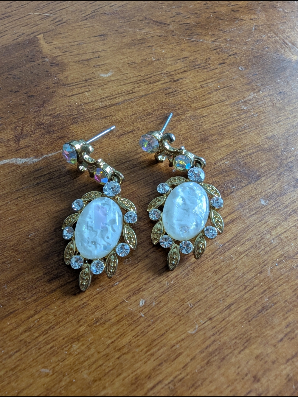 Gold-Tone Pearl Oval Drop Earrings with Clear Crystals - Women's Jewelry